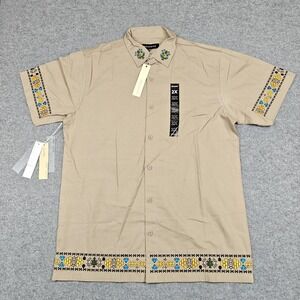 Reason Shirt Mens 2XL Beige Embroidered Short Sleeve Button Up Cotton S449 New